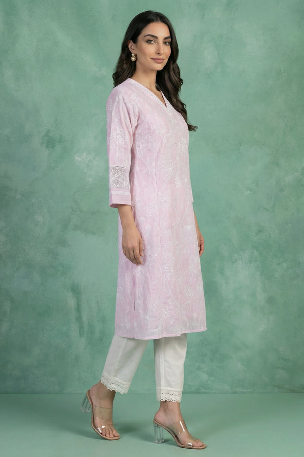 Pink Floral Printed Chikankari Embroidered Kota Straight Kurta