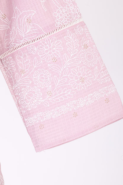 Pink Floral Printed Chikankari Embroidered Kota Straight Kurta