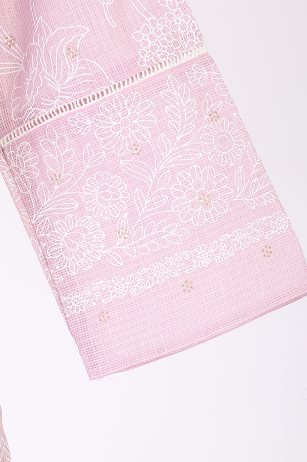 Pink Floral Printed Chikankari Embroidered Kota Straight Kurta