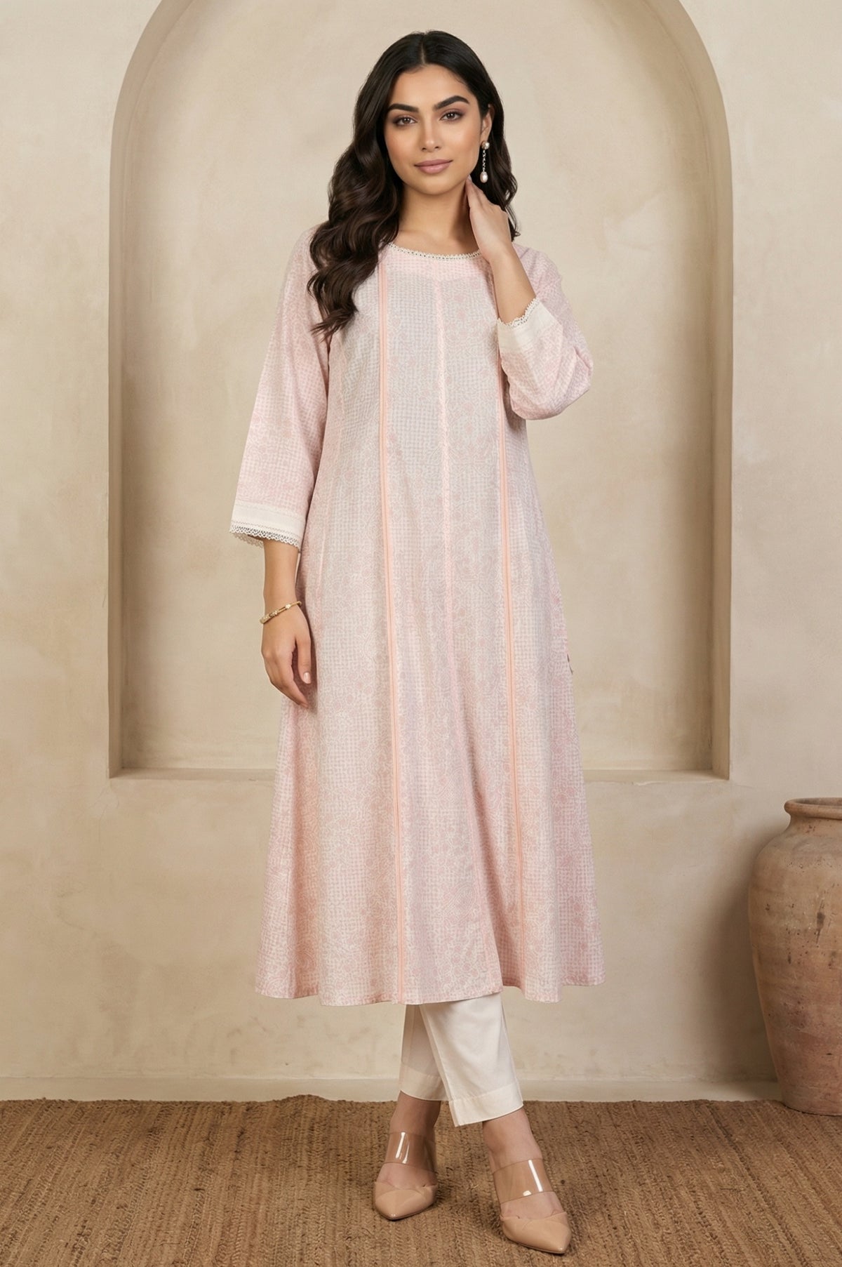 Pastel Pink Floral Printed Lace Pure Cotton Anarkali Kurta - S