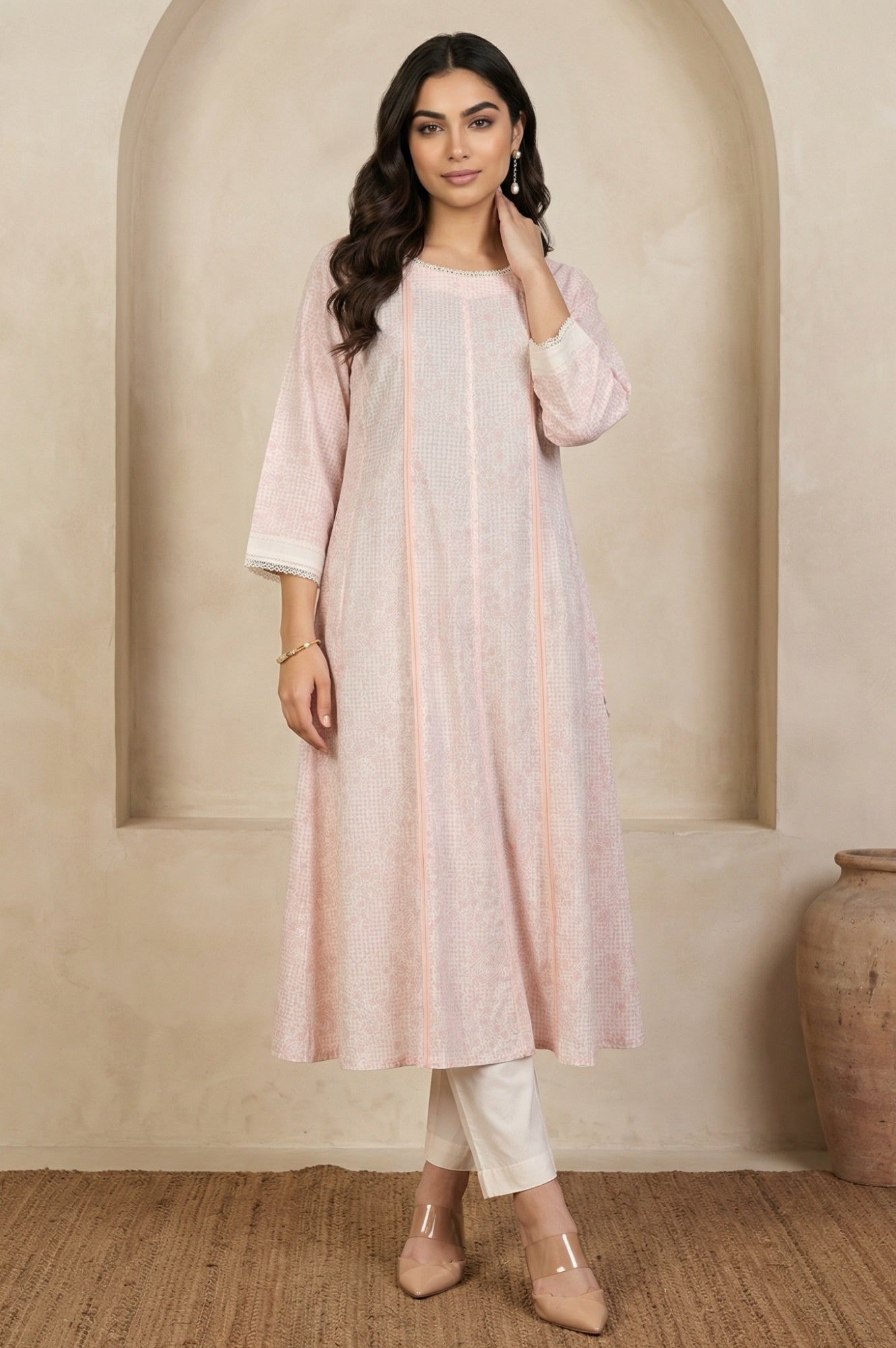Pastel Pink Floral Printed Lace Pure Cotton Anarkali Kurta