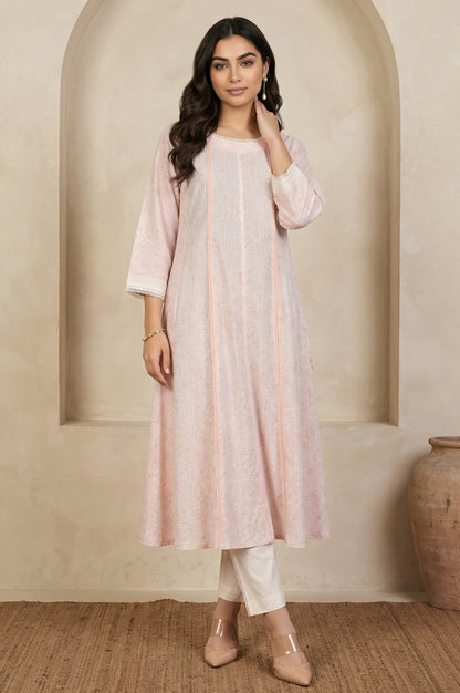 Pastel Pink Floral Printed Lace Pure Cotton Anarkali Kurta