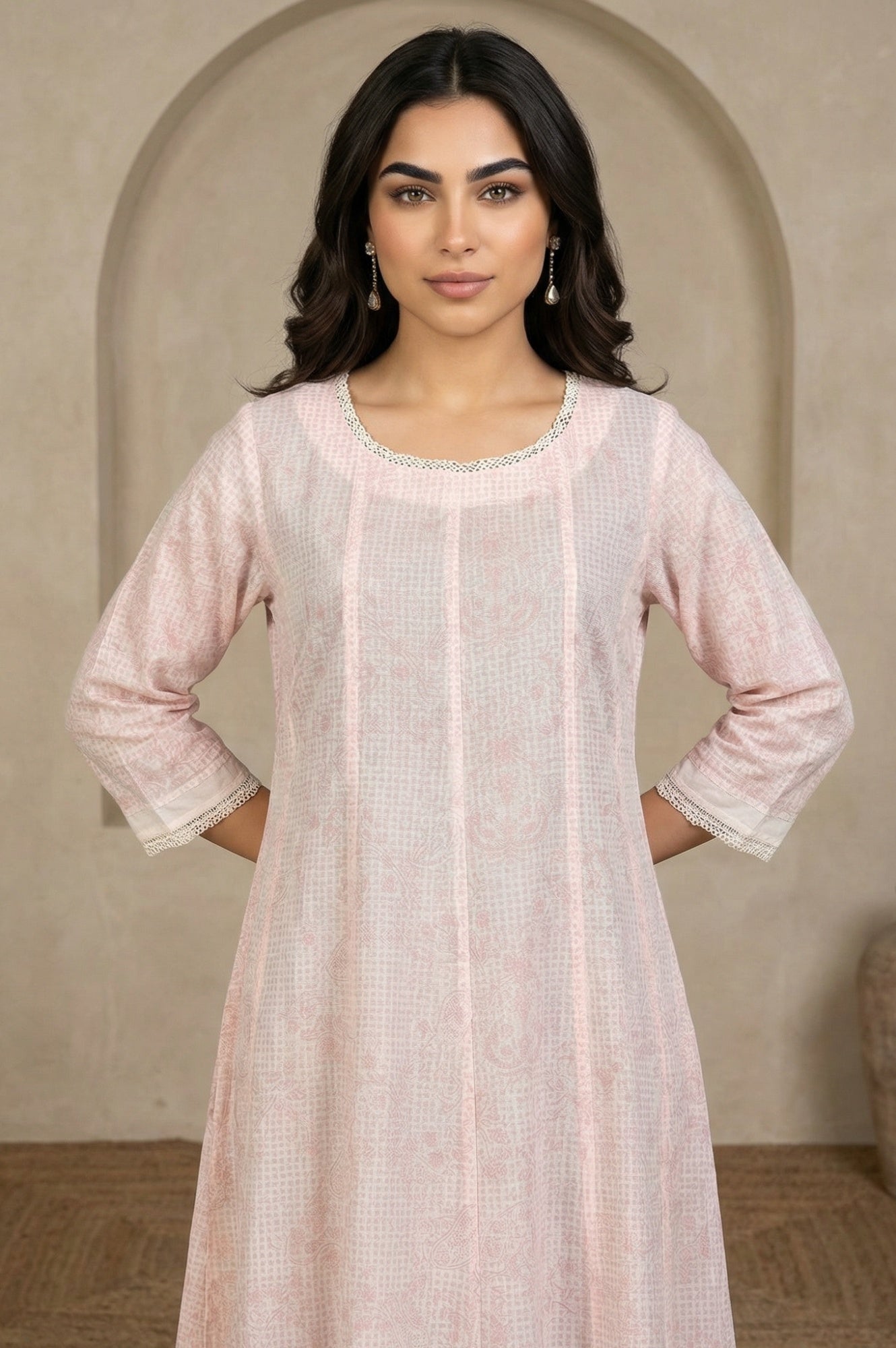 Pastel Pink Floral Printed Lace Pure Cotton Anarkali Kurta