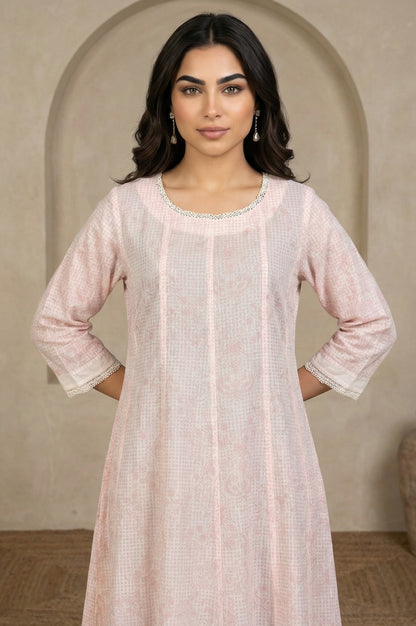 Pastel Pink Floral Printed Lace Pure Cotton Anarkali Kurta