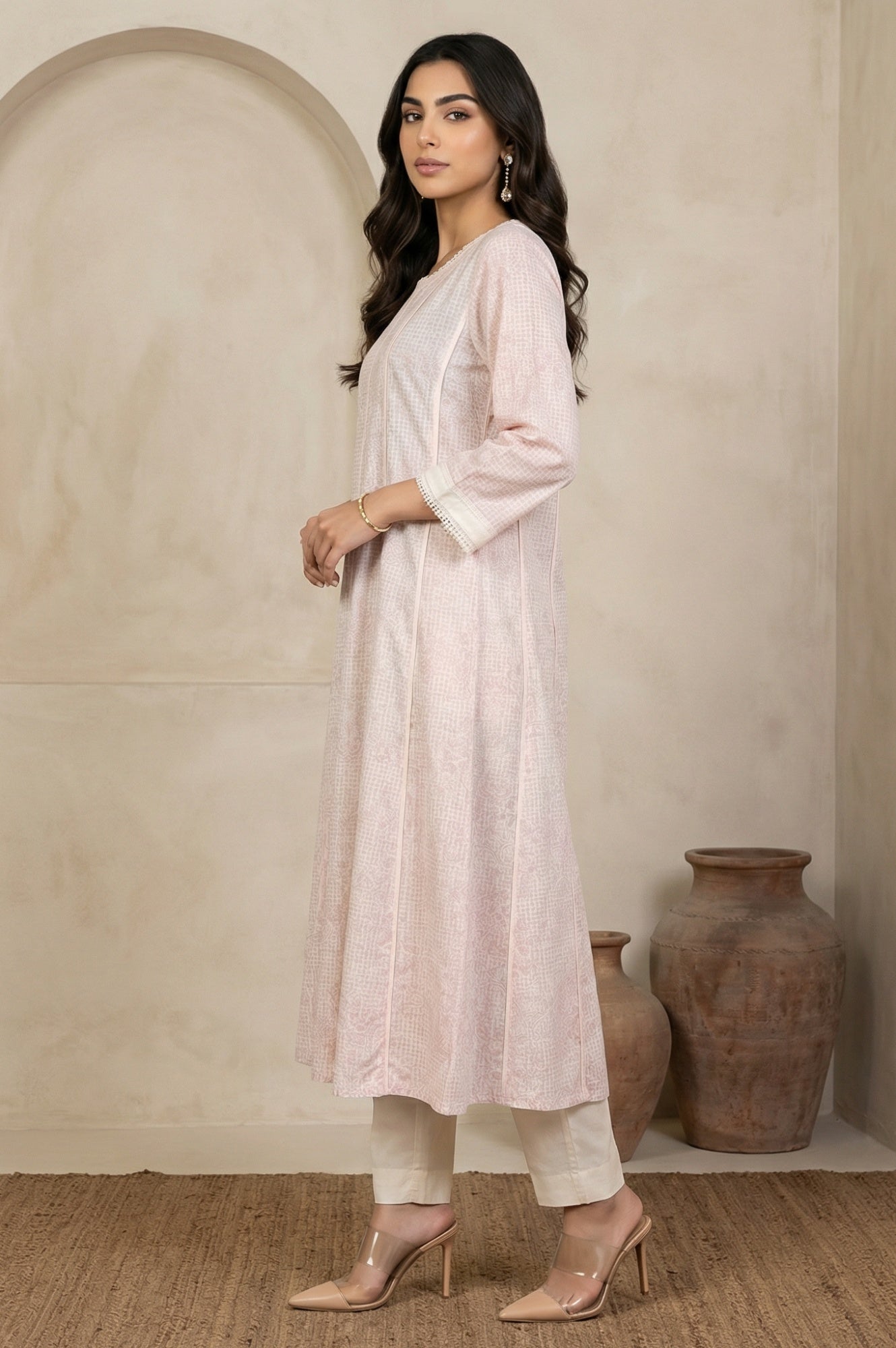 Pastel Pink Floral Printed Lace Pure Cotton Anarkali Kurta