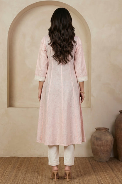 Pastel Pink Floral Printed Lace Pure Cotton Anarkali Kurta