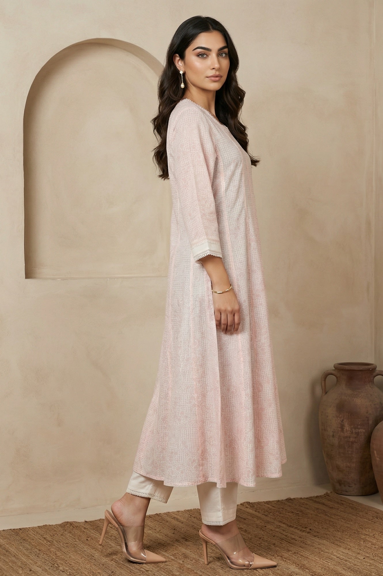 Pastel Pink Floral Printed Lace Pure Cotton Anarkali Kurta