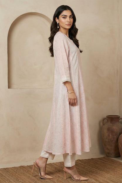 Pastel Pink Floral Printed Lace Pure Cotton Anarkali Kurta