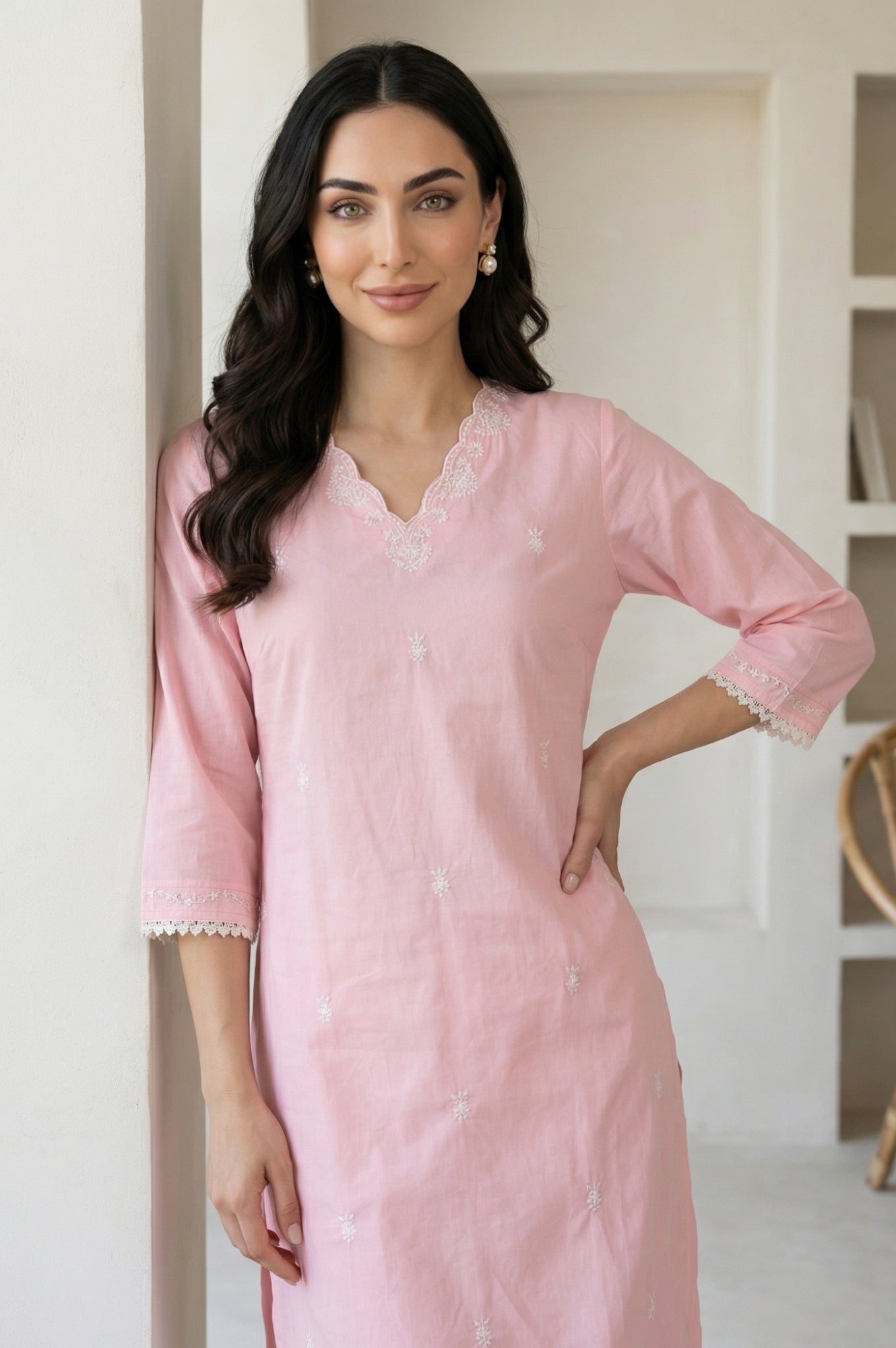 Pink Chikankari Embroidered Straight Kurta