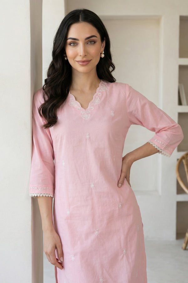 Pink Chikankari Embroidered Straight Kurta