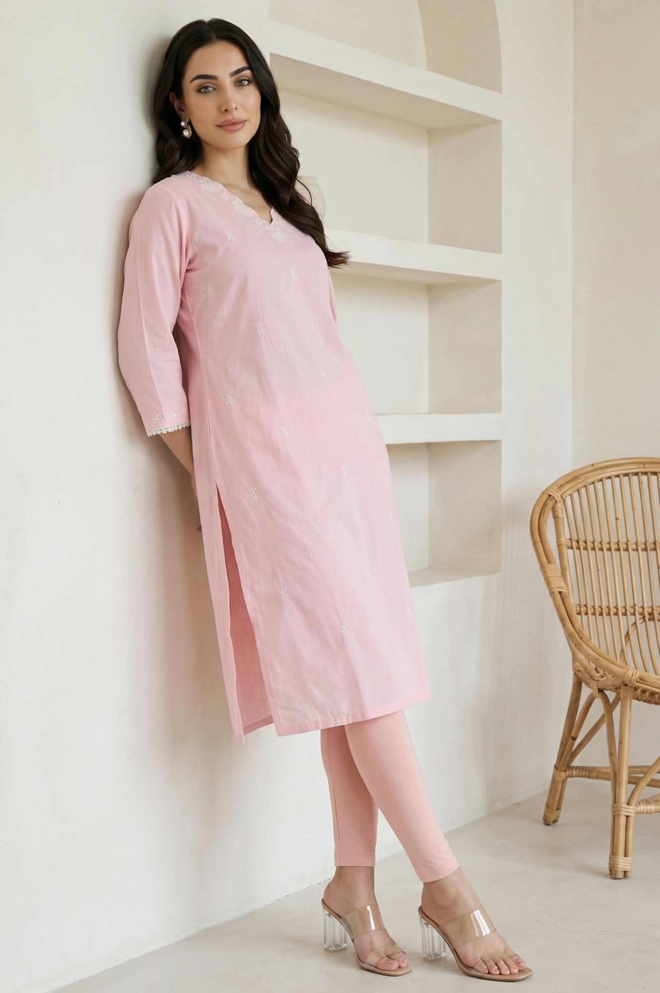 Pink Chikankari Embroidered Straight Kurta