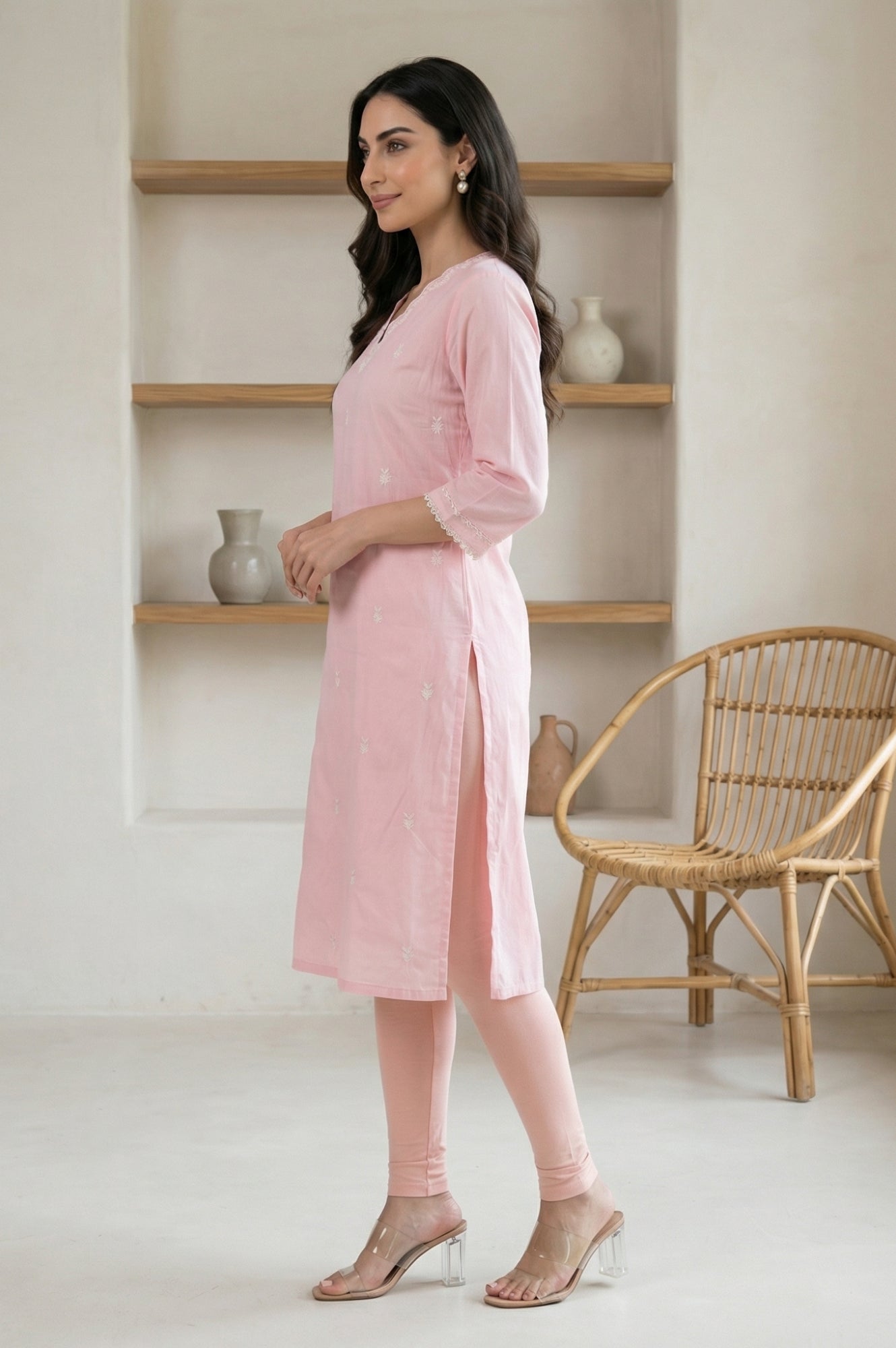 Pink Chikankari Embroidered Straight Kurta