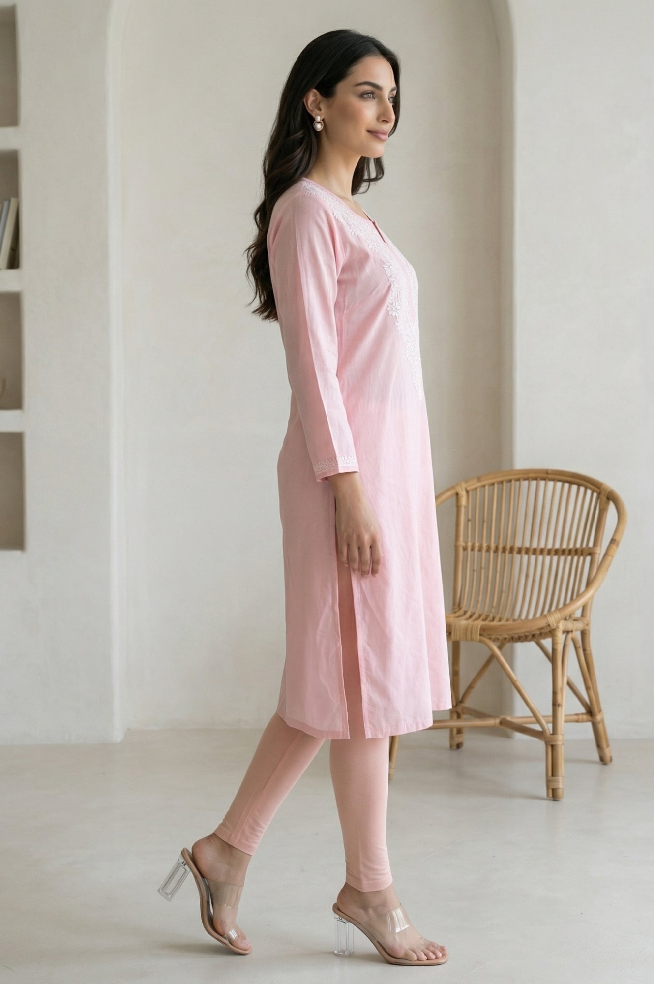 Pink Chikankari Embroidered Straight Kurta