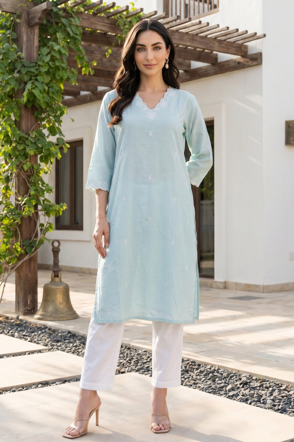Aqua Green Thread Embroidered Straight Kurta