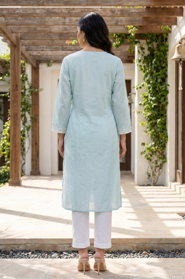 Aqua Green Thread Embroidered Straight Kurta