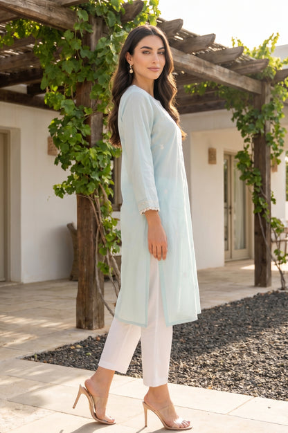 Aqua Green Thread Embroidered Straight Kurta