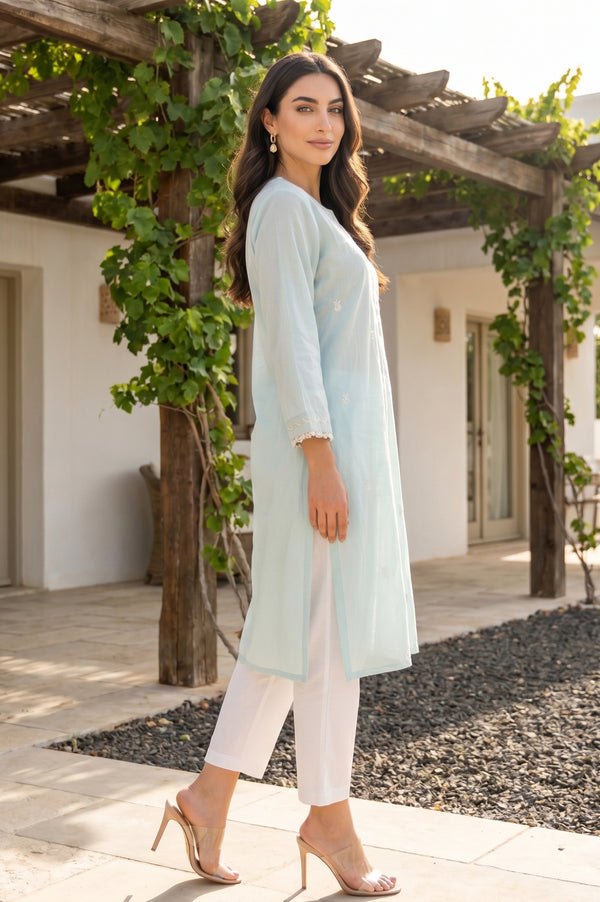 Aqua Green Thread Embroidered Straight Kurta