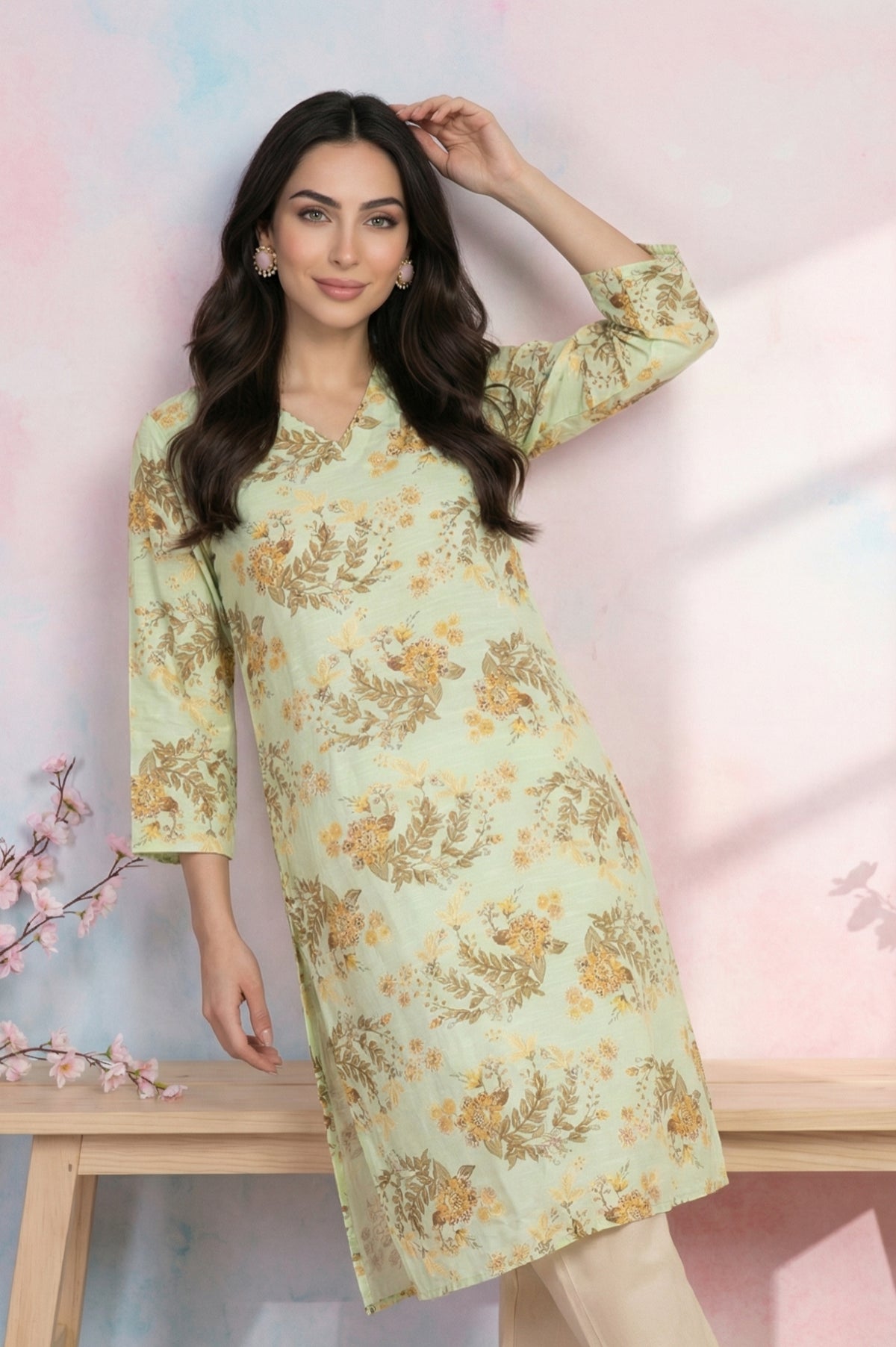 Green Floral Printed Straight Kurta
