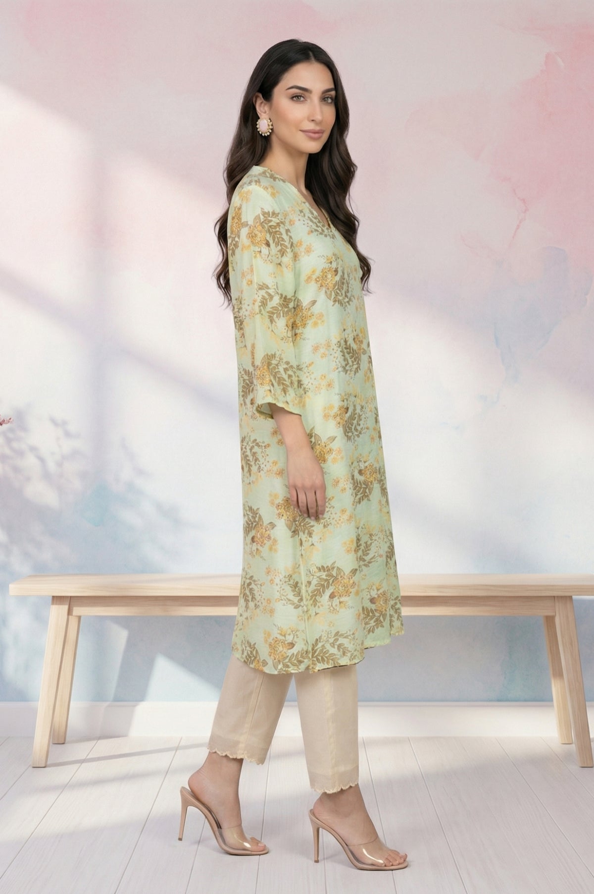 Green Floral Printed Straight Kurta