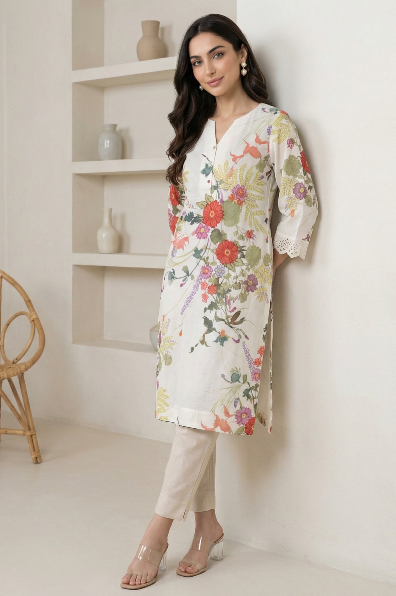 Off White Floral Printed Lace Pure Cotton Straight Kurta