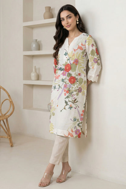 Off White Floral Printed Lace Pure Cotton Straight Kurta
