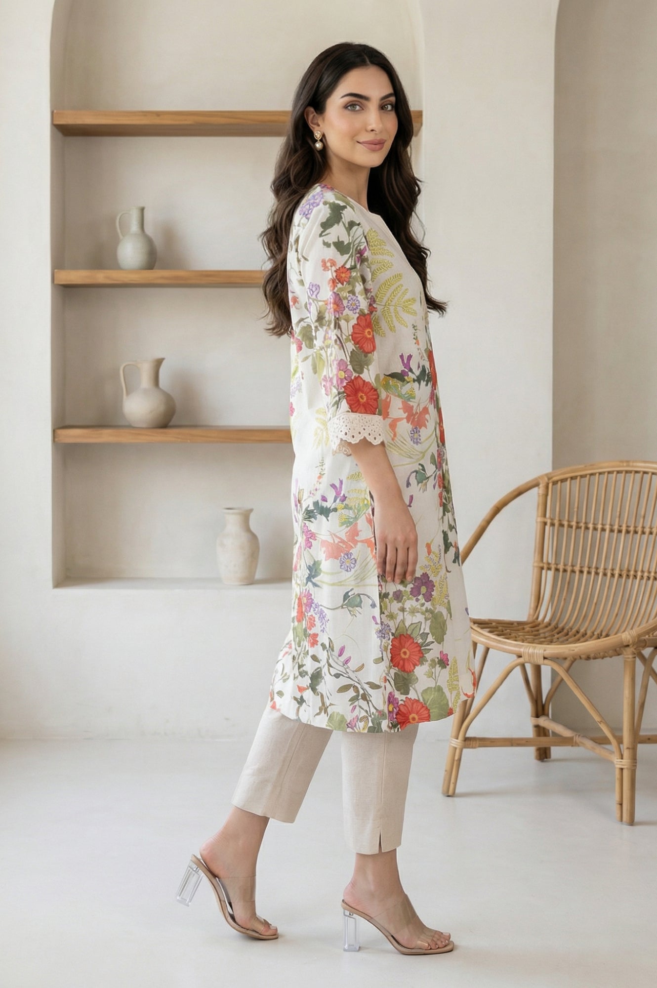 Off White Floral Printed Lace Pure Cotton Straight Kurta