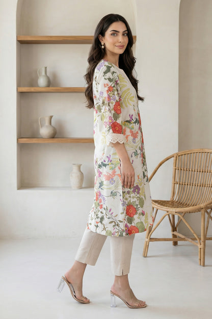 Off White Floral Printed Lace Pure Cotton Straight Kurta