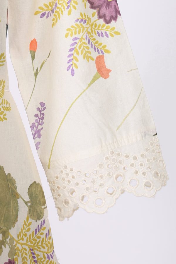 Off White Floral Printed Lace Pure Cotton Straight Kurta