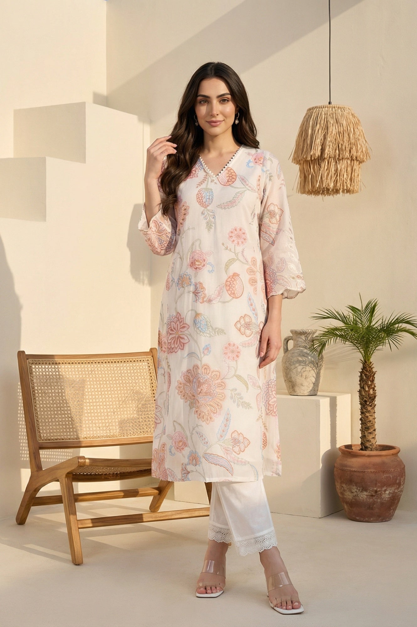 Off-White Schiffily Embroidered Floral Straight Kurta