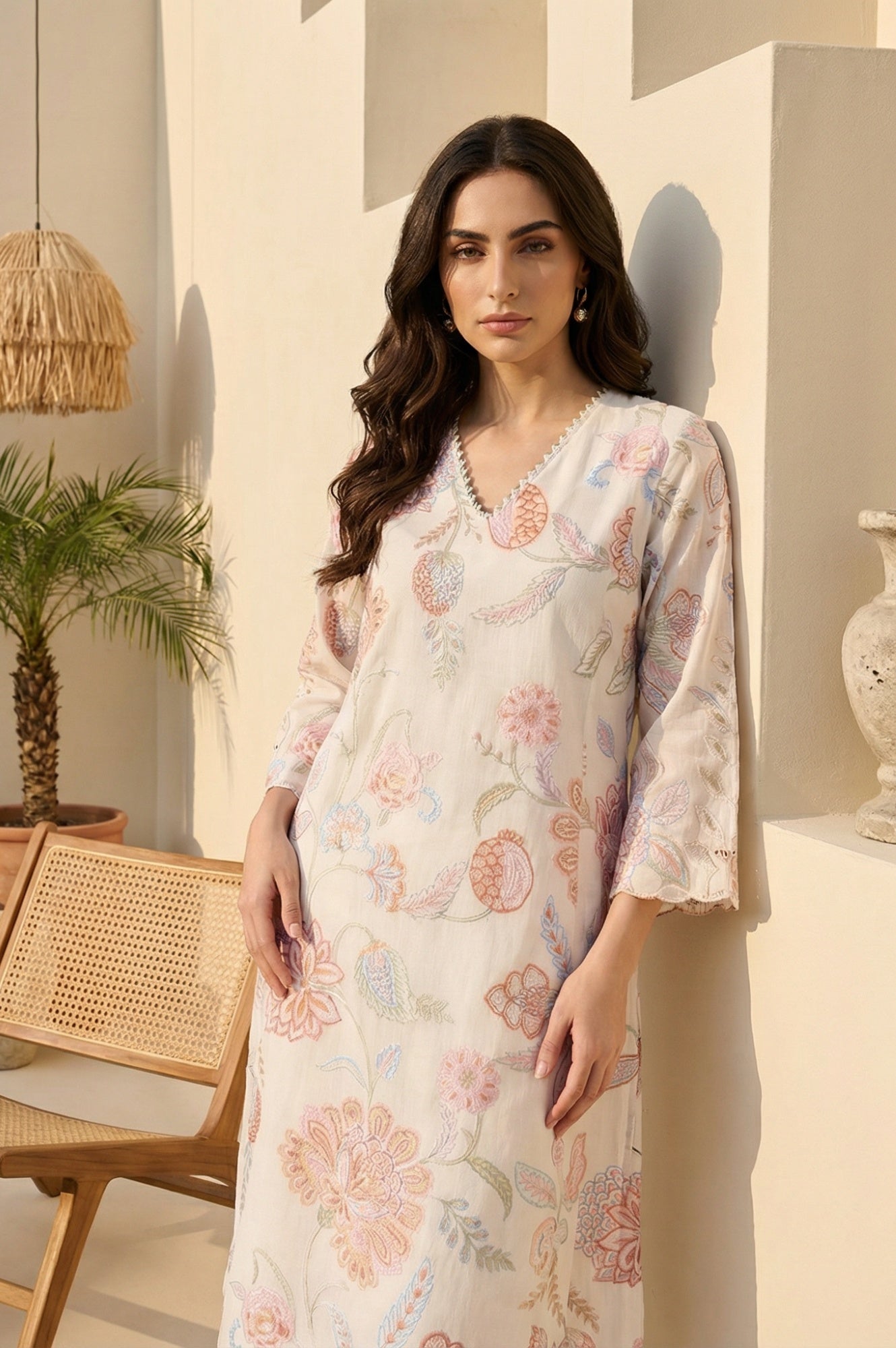 Off-White Schiffily Embroidered Floral Straight Kurta