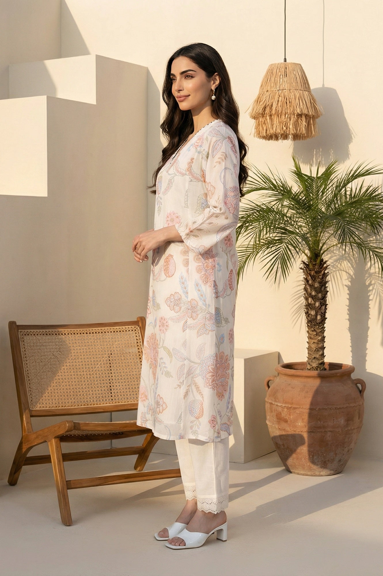 Off-White Schiffily Embroidered Floral Straight Kurta