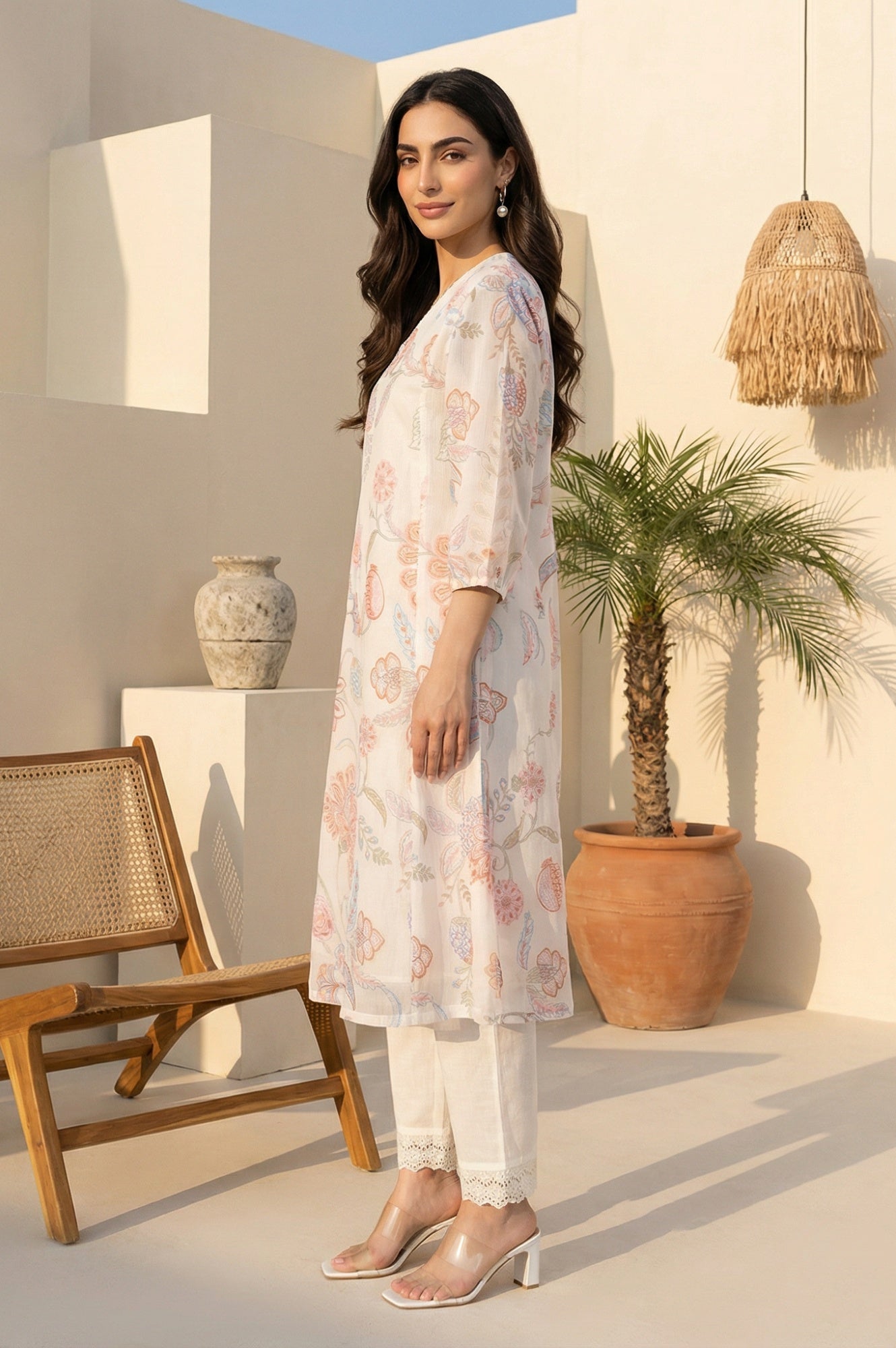 Off-White Schiffily Embroidered Floral Straight Kurta