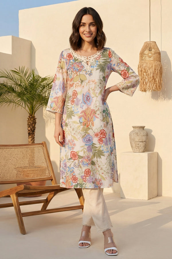 Off White Floral Printed Pure Cotton Straight Kurta with Lace