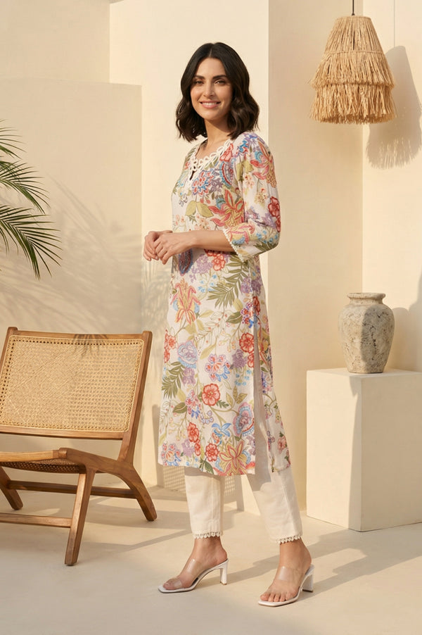 Off White Floral Printed Pure Cotton Straight Kurta with Lace