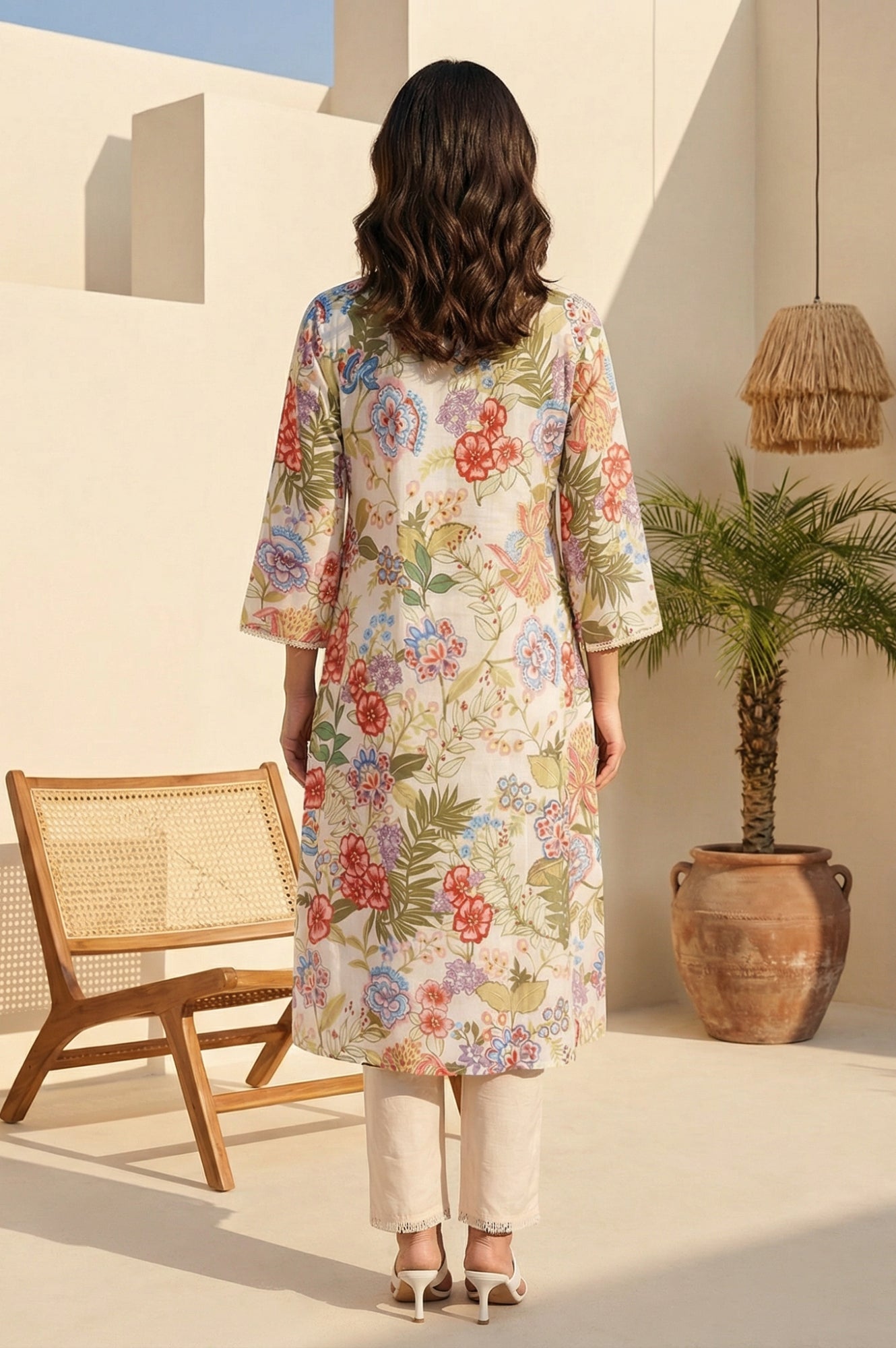 Off White Floral Printed Pure Cotton Straight Kurta with Lace