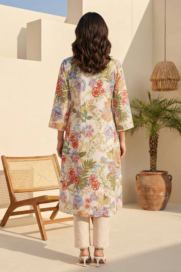 Off White Floral Printed Pure Cotton Straight Kurta with Lace