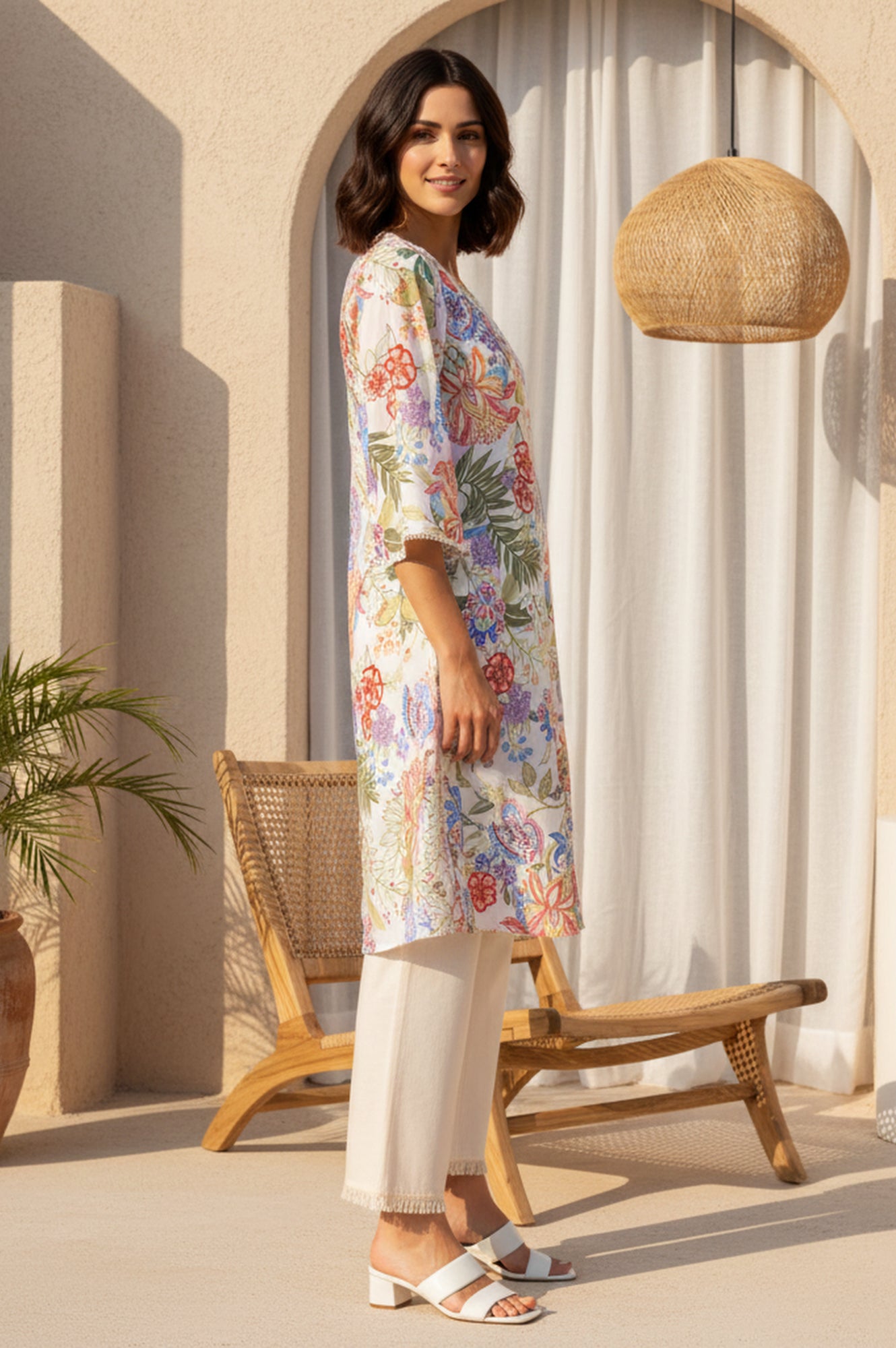 Off White Floral Printed Pure Cotton Straight Kurta with Lace