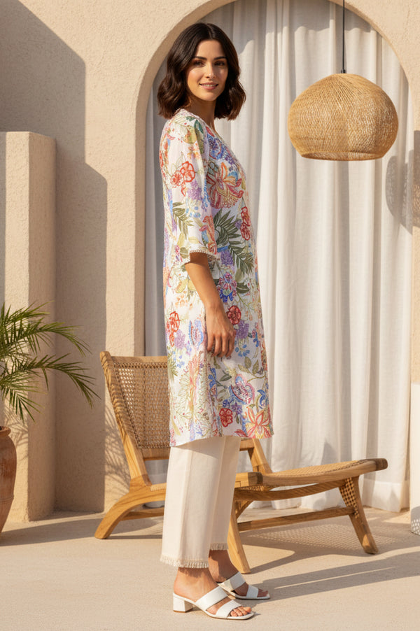 Off White Floral Printed Pure Cotton Straight Kurta with Lace