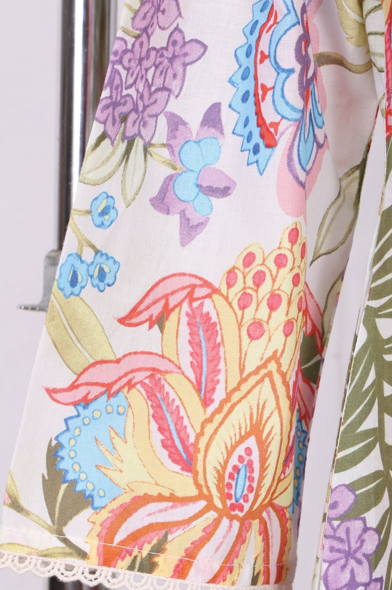 Off White Floral Printed Pure Cotton Straight Kurta with Lace