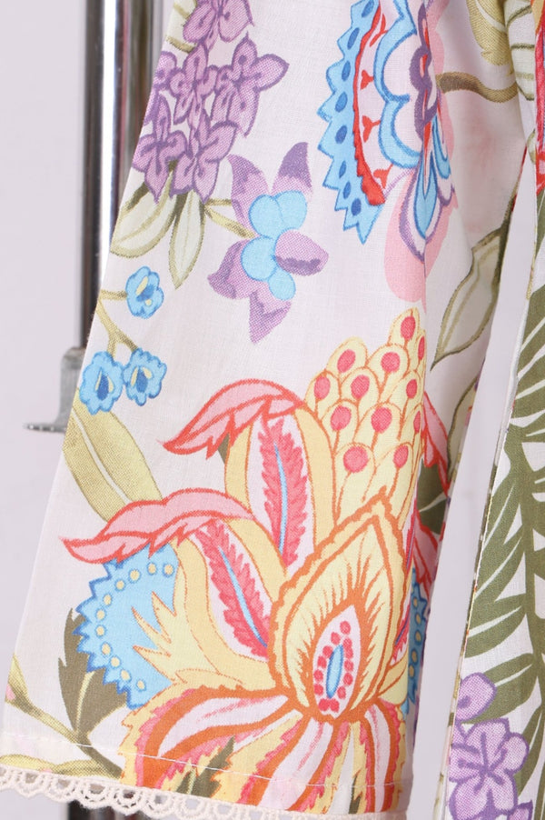 Off White Floral Printed Pure Cotton Straight Kurta with Lace