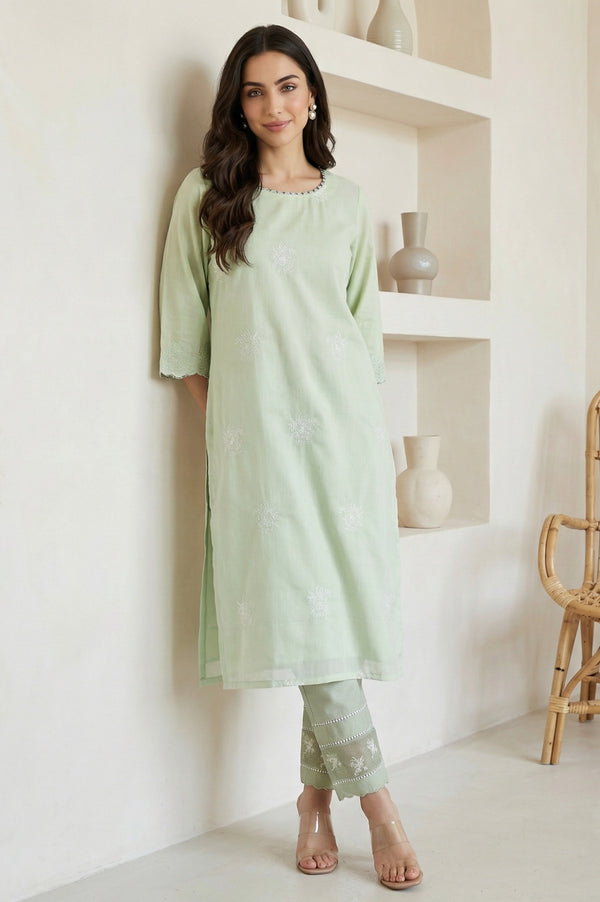 Sea Green Thread Embroidered Straight Kurta