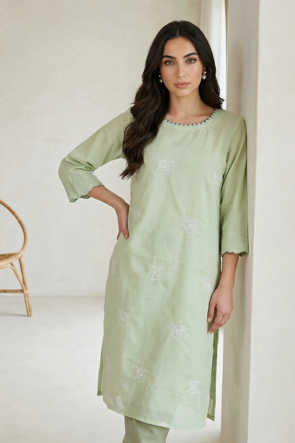 Sea Green Thread Embroidered Straight Kurta
