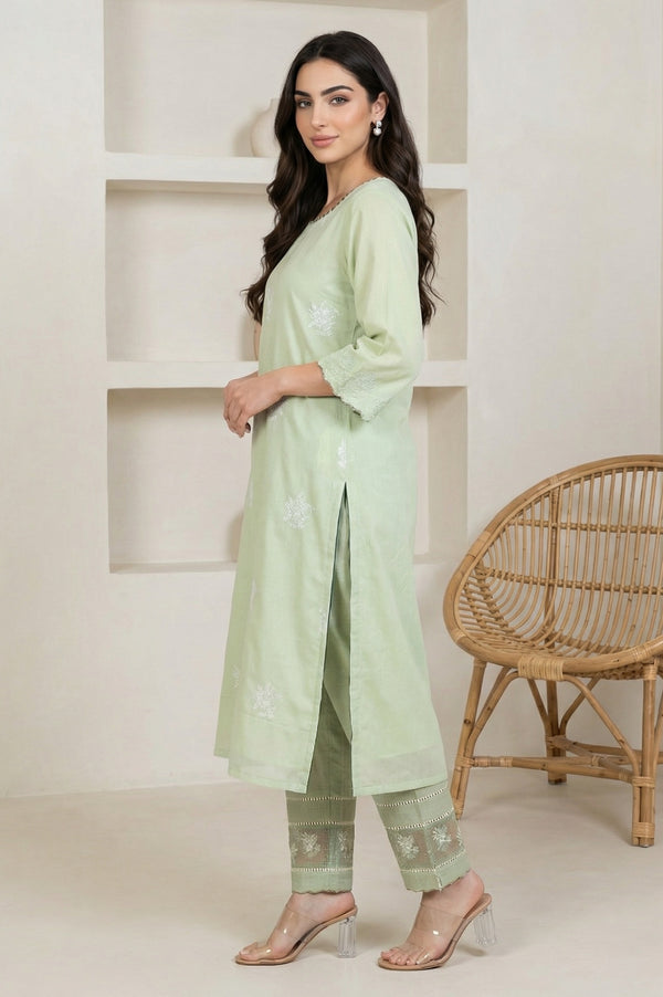 Sea Green Thread Embroidered Straight Kurta