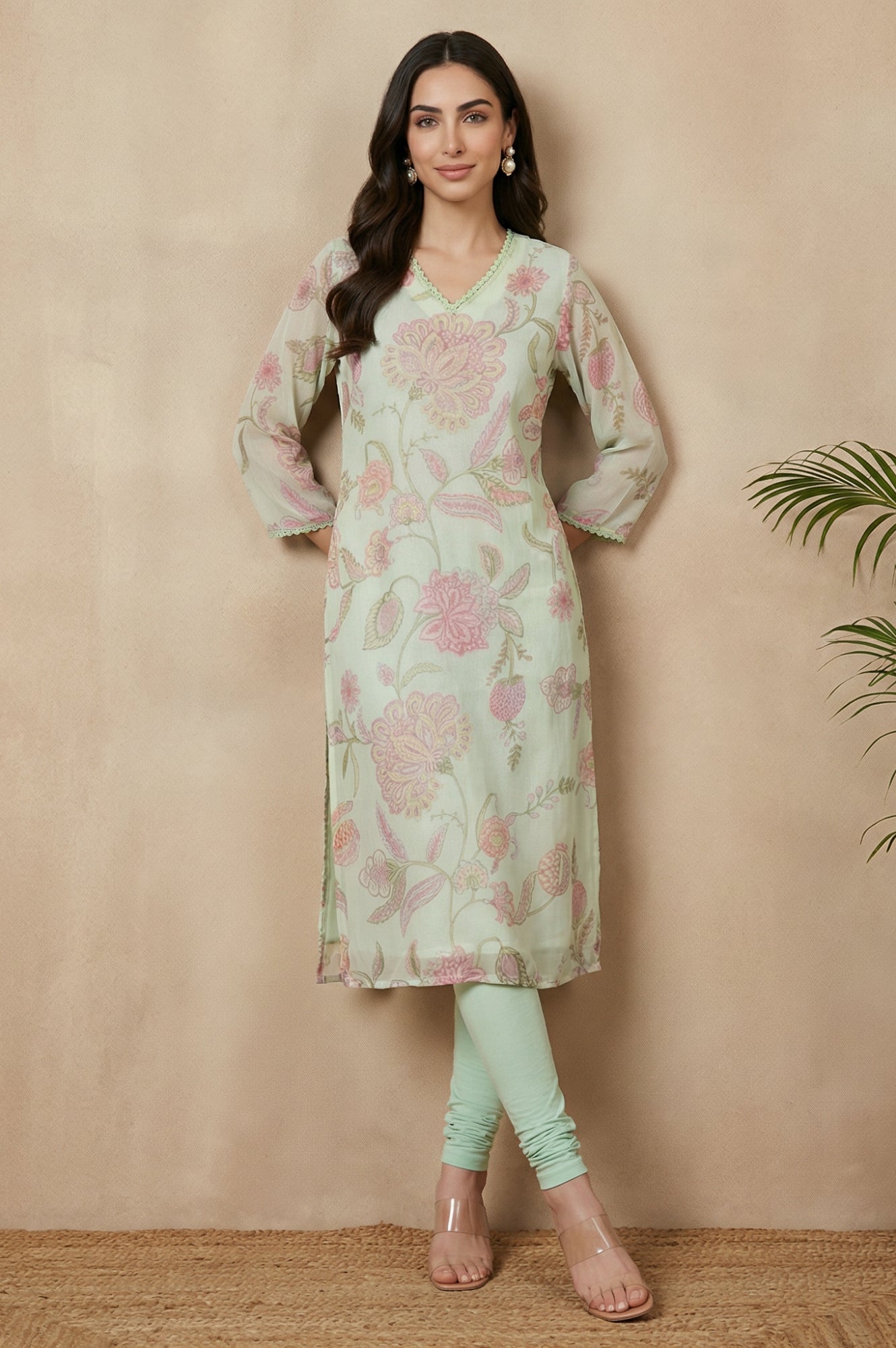 Sea Green Floral Printed Chiffon Straight Kurta
