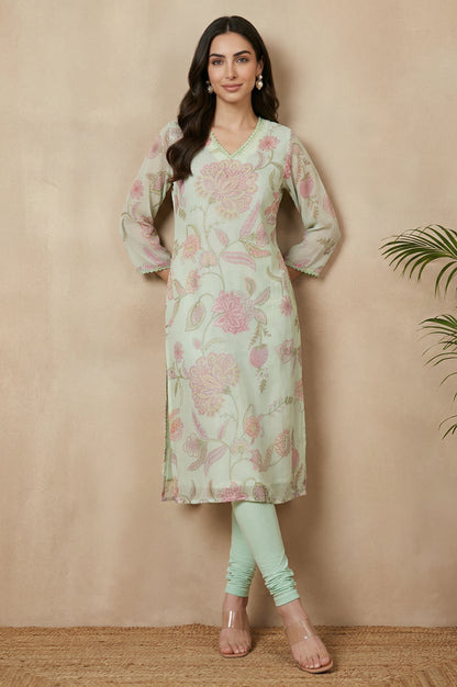 Sea Green Floral Printed Chiffon Straight Kurta