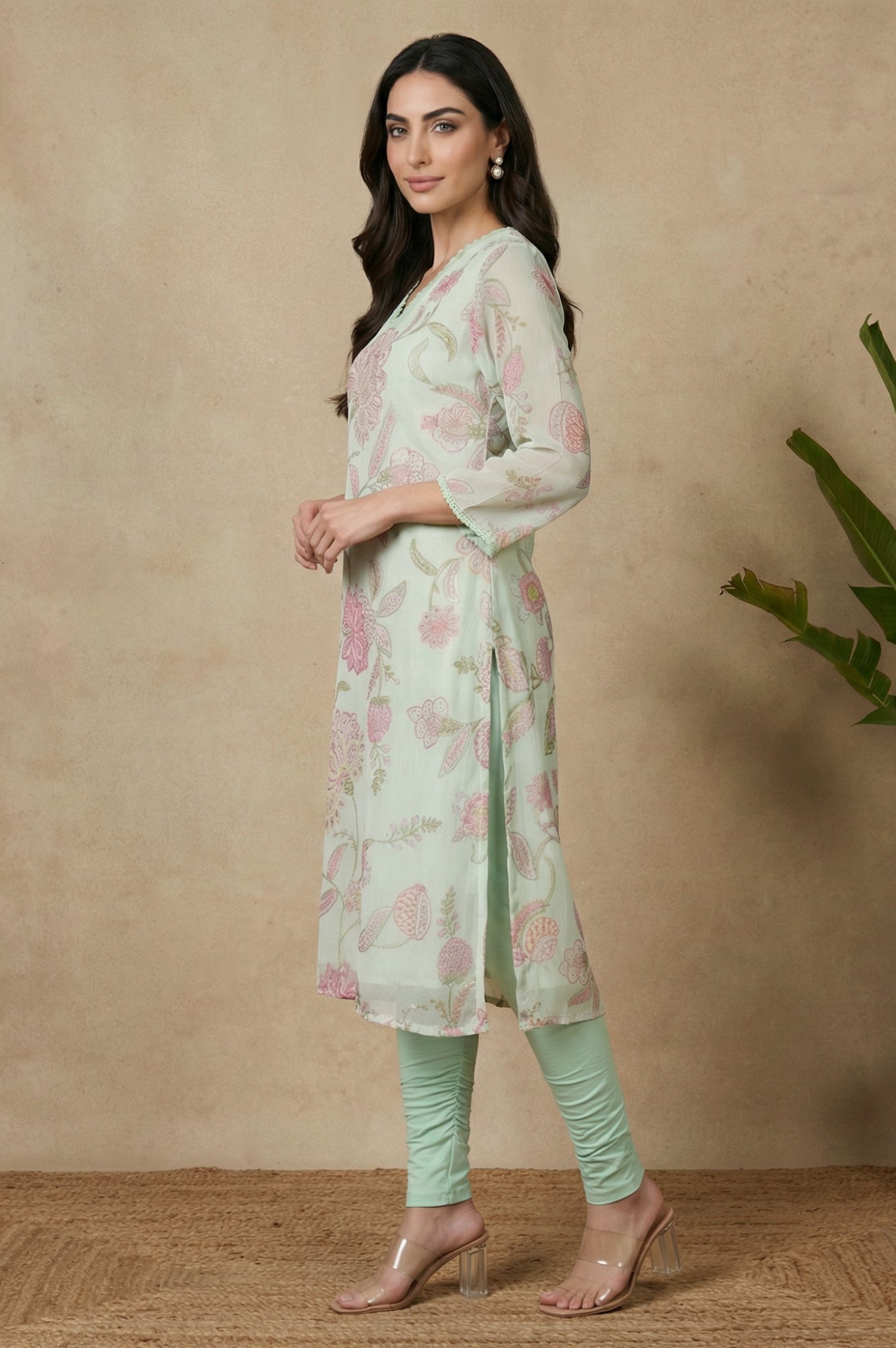 Sea Green Floral Printed Chiffon Straight Kurta
