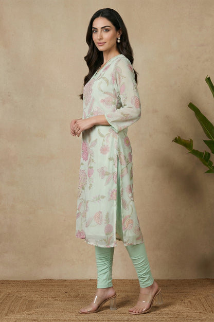 Sea Green Floral Printed Chiffon Straight Kurta
