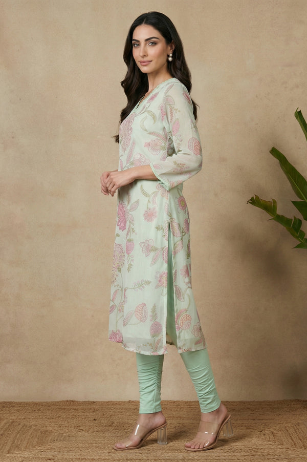 Sea Green Floral Printed Chiffon Straight Kurta
