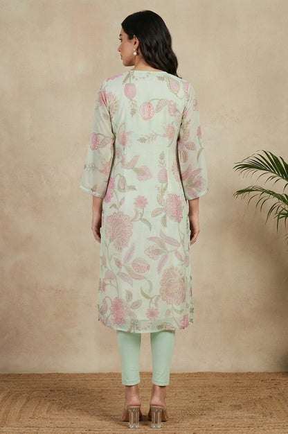 Sea Green Floral Printed Chiffon Straight Kurta