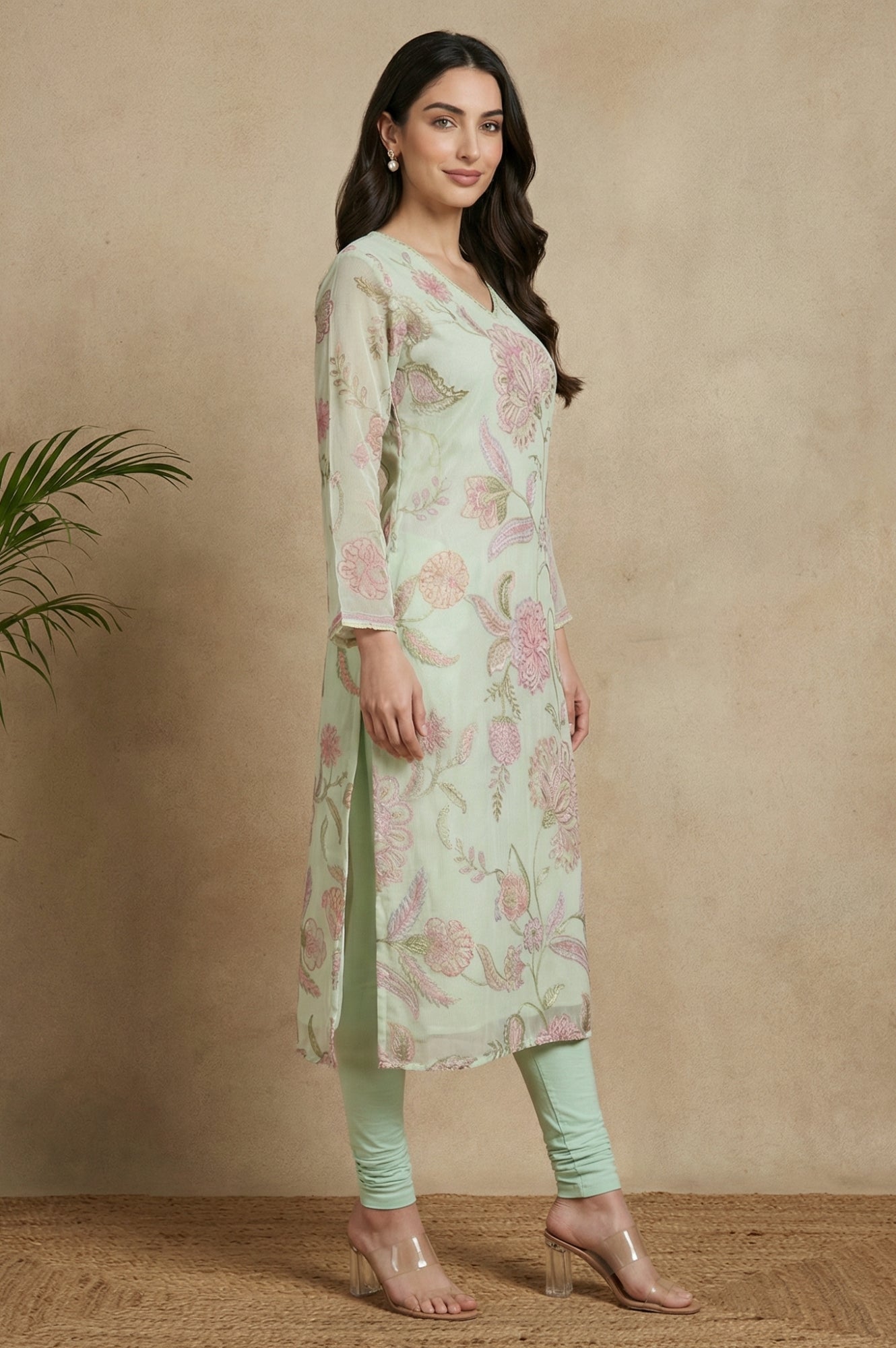 Sea Green Floral Printed Chiffon Straight Kurta